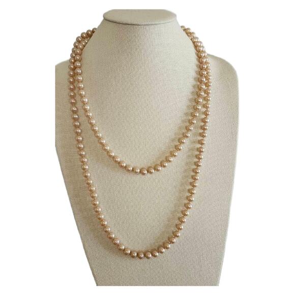 Vintage Cream Champagne Knotted Faux Pearl Necklace, Extra Long, 52" Long - Picture 8 of 11